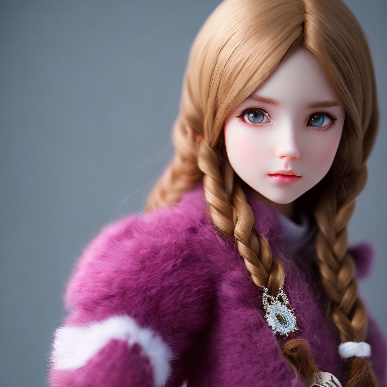 Realistic doll with braided blonde hair, big blue eyes, purple fluffy coat, ornate necklace