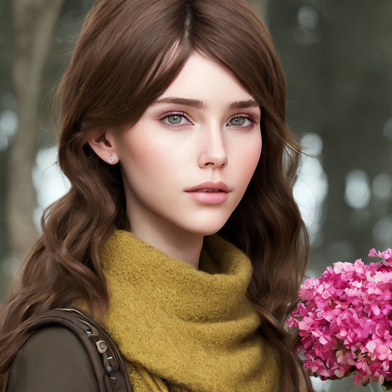 Realistic portrait of young woman with brown hair, green scarf, and pink flowers in forest setting