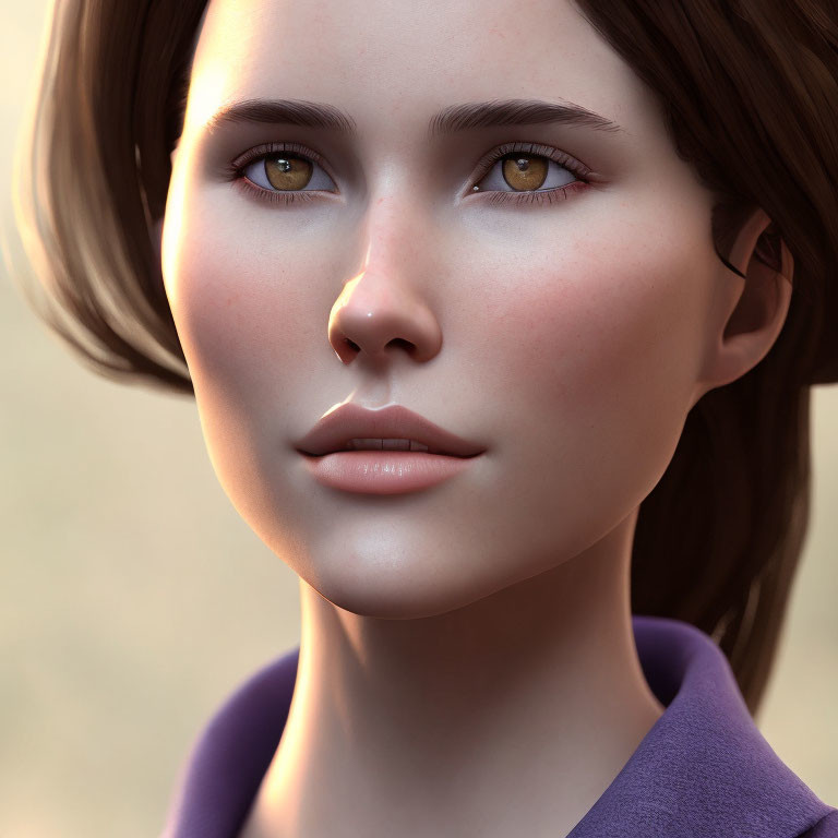 Portrait of Woman with Brown Eyes and Dark Hair in Purple Garment