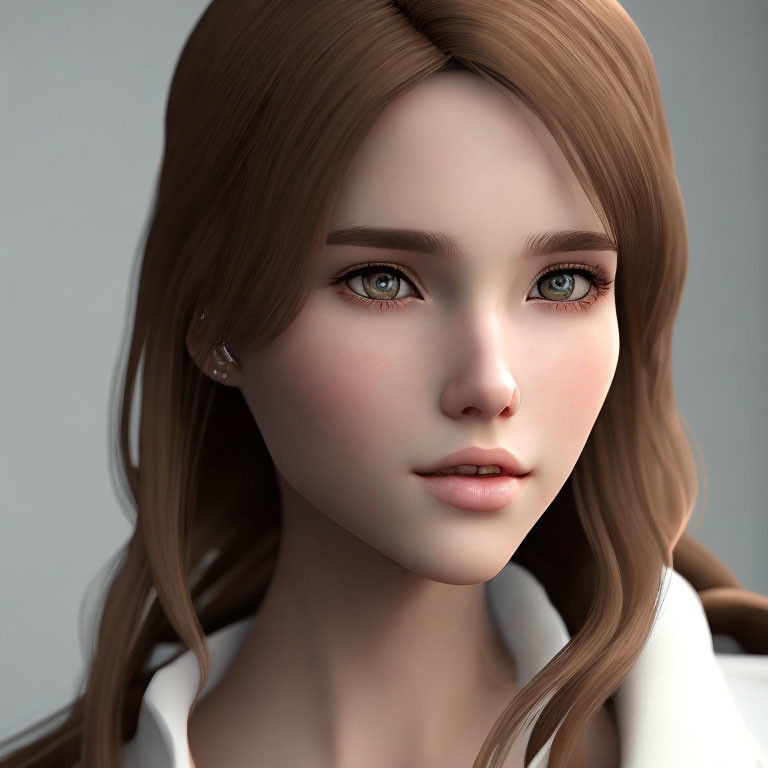 Female 3D Rendering with Brown Hair, Blue Eyes, and White Outfit