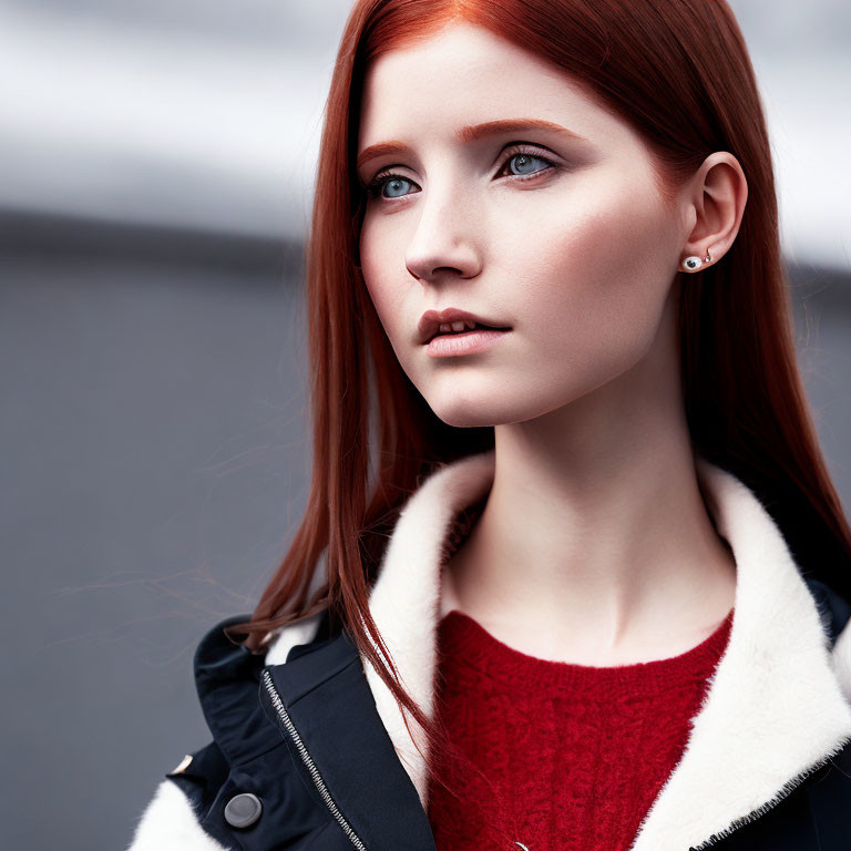 Red-haired woman in red sweater and black jacket with white fur collar, blue eyes gazing thoughtfully