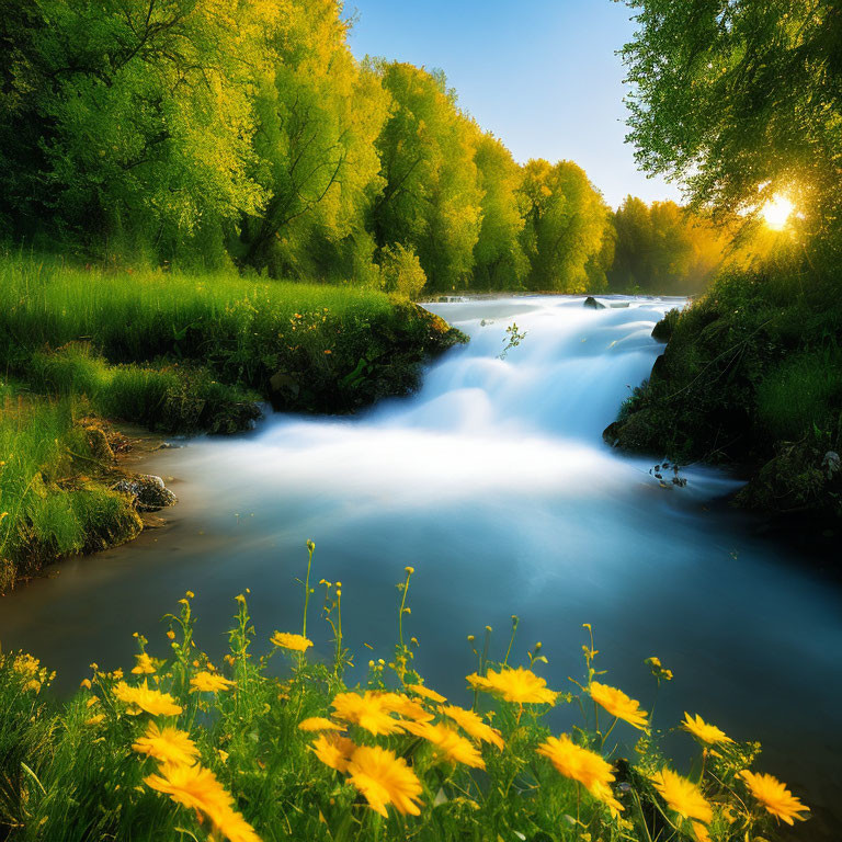 Tranquil river in lush forest with sunlight and wildflowers