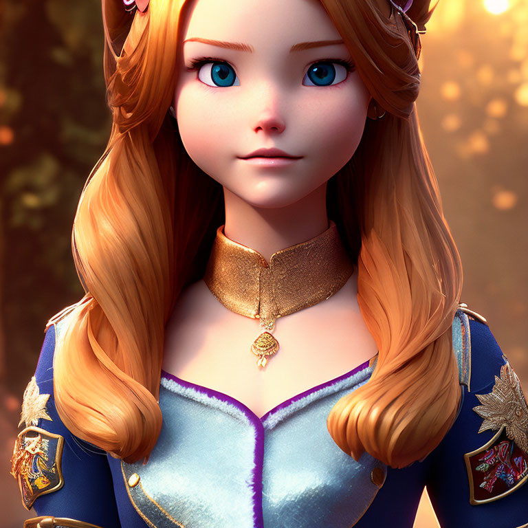 3D animated young female character with blue eyes and auburn hair in blue dress