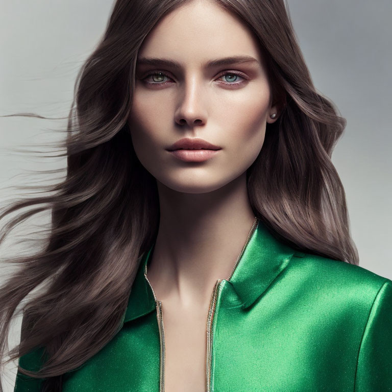 Woman with Long Flowing Hair and Striking Green Eyes in Satin Green Blouse