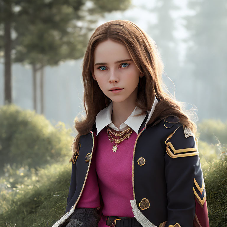 Young woman with blue eyes in navy coat against forest backdrop