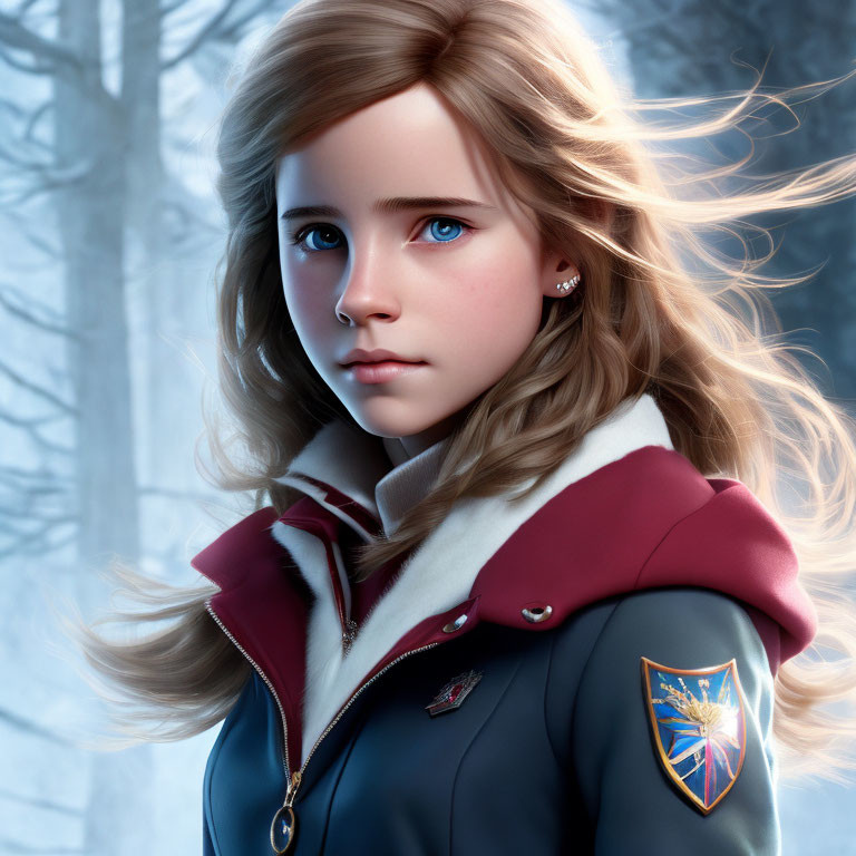 Digital artwork of young girl with blonde hair and blue eyes in red coat on snowy backdrop