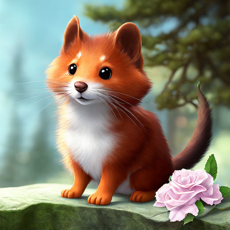 Illustrated fox with big eyes on rock with pink rose, blurred background