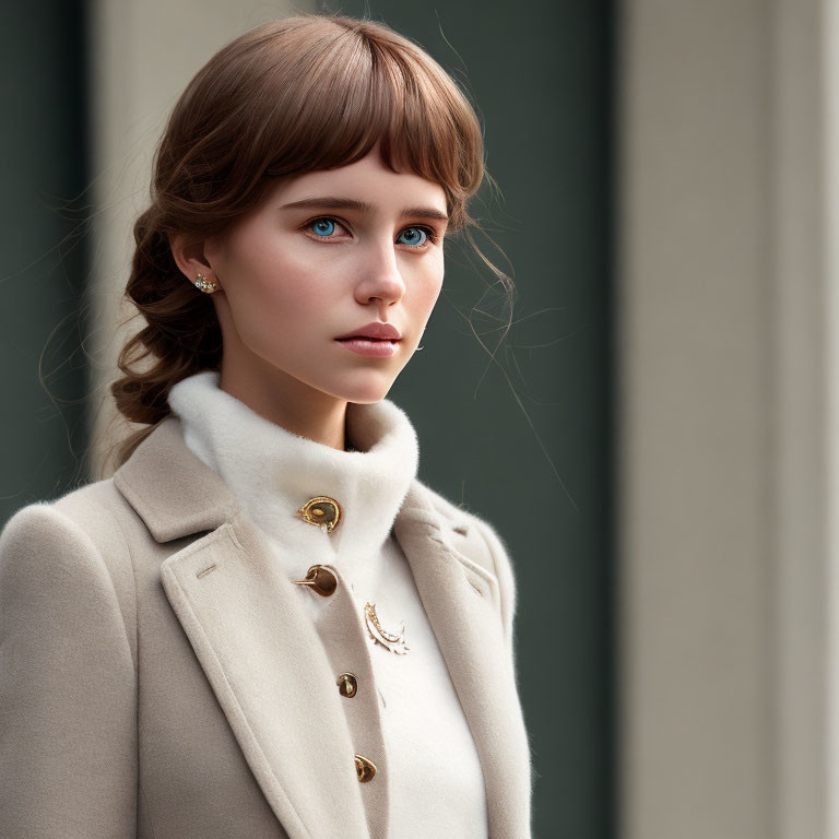 Blue-eyed woman with brown hair in fringe, cream coat with golden buttons, against blurred backdrop