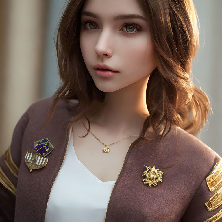 Brown-haired woman in military-style jacket with patches and medals.