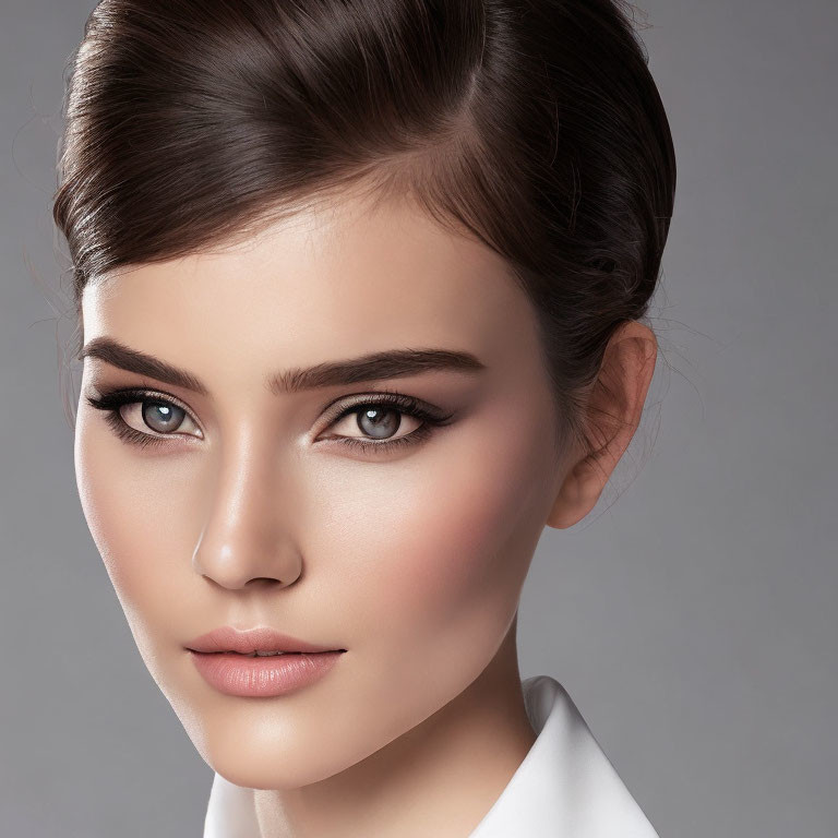 Detailed close-up of woman with polished makeup and updo on grey background