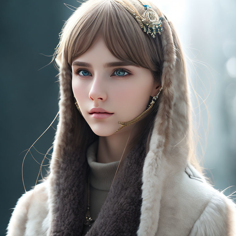 Digital artwork of woman with fur-trimmed hood, blue eyes, brown hair, decorative headpiece