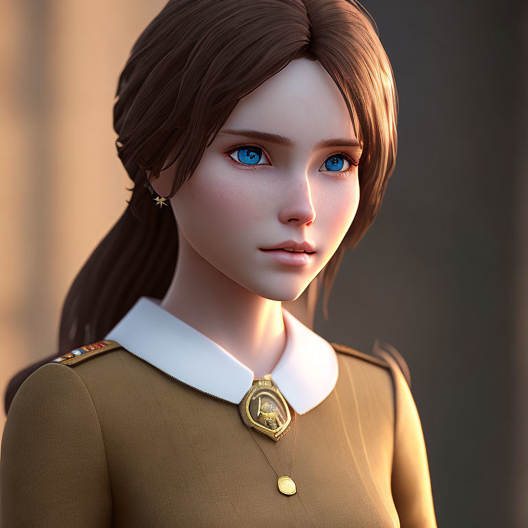 3D-rendered image: Young woman with blue eyes, brown hair, gold brooch, brown