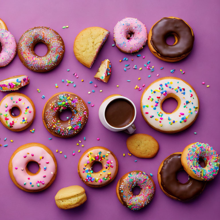 Assorted colorful donuts with sprinkles and icing, coffee cup, cookies on purple background