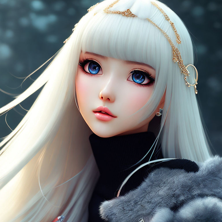 Digital portrait of girl with long white hair and blue eyes in black turtleneck and gold headpiece