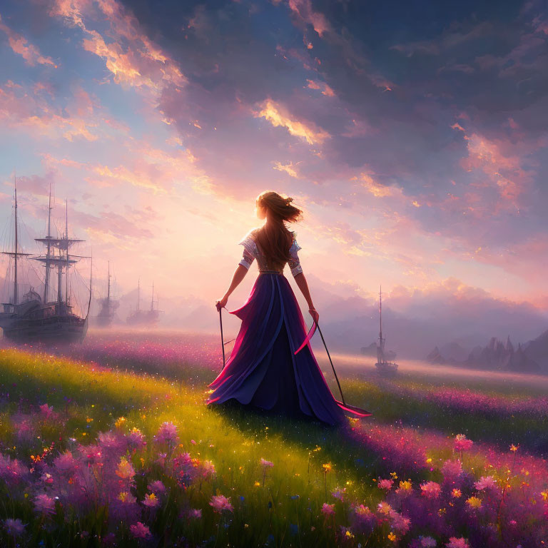 Woman in flowing dress amidst vibrant flowers at sunset with anchored ships and colorful sky