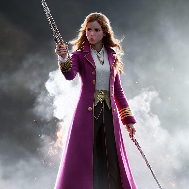 Regal Woman in Purple Coat with Sword Against Cloudy Sky