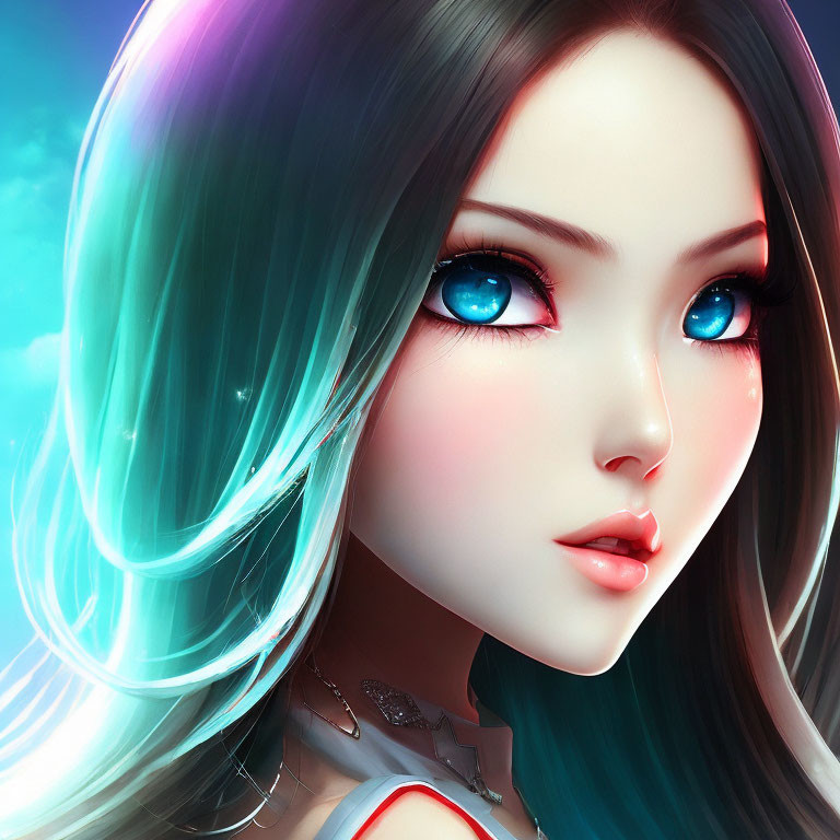 Digital Illustration: Female Character with Blue Eyes, Ombré Hair, Porcelain Skin