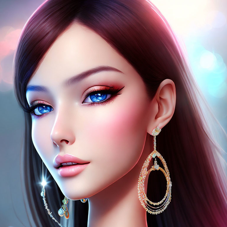 Woman with Large Blue Eyes and Winged Eyeliner in Digital Artwork