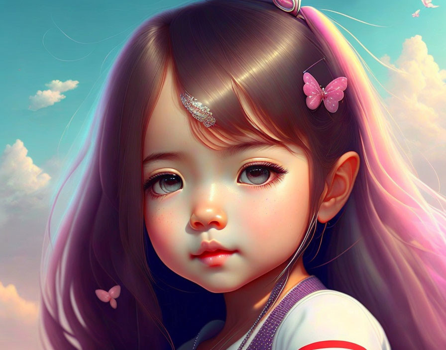 Colorful digital artwork of a young girl with expressive eyes and sparkly hair accessories