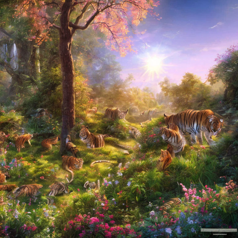 Sunlit forest glade with tigers and vibrant flowers in soft sunlight