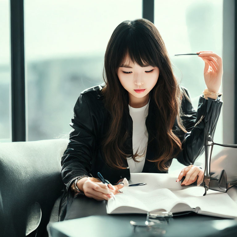 Focused woman writing in notebook at table with long hair and pen, window background