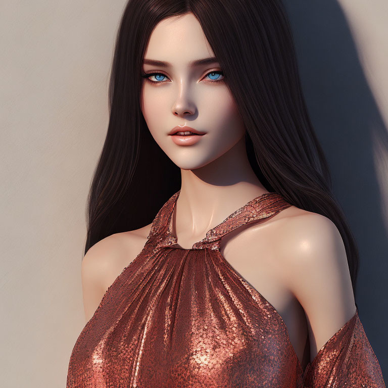 Digital artwork: Woman with blue eyes, black hair, in copper dress under sunlight shadow