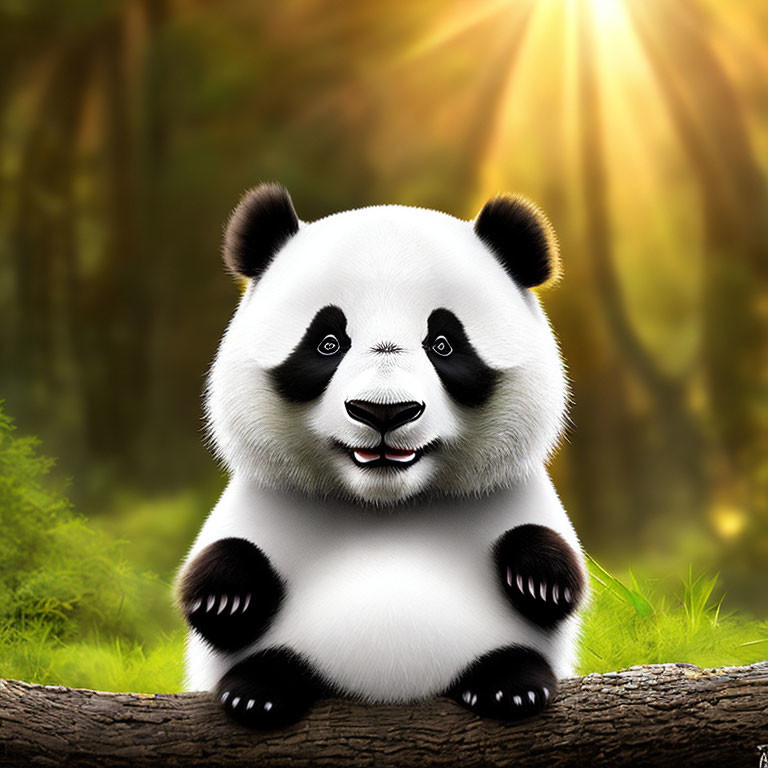 Smiling panda on log with sunlit forest background