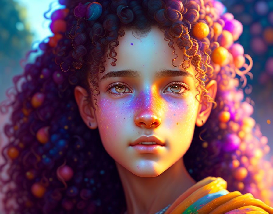 Colorful digital portrait of a girl with curly hair in warm ambiance