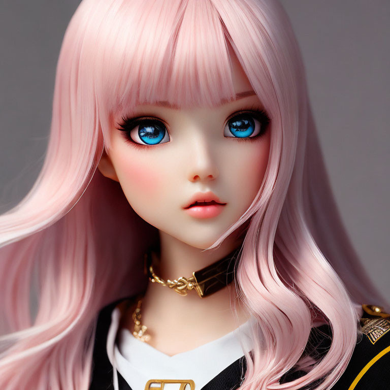 Doll with Pink Hair and Blue Eyes in Black Outfit