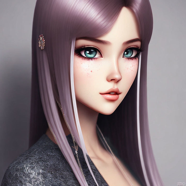 Digital art portrait of female with big green eyes, long purple hair, freckles, subtle smile