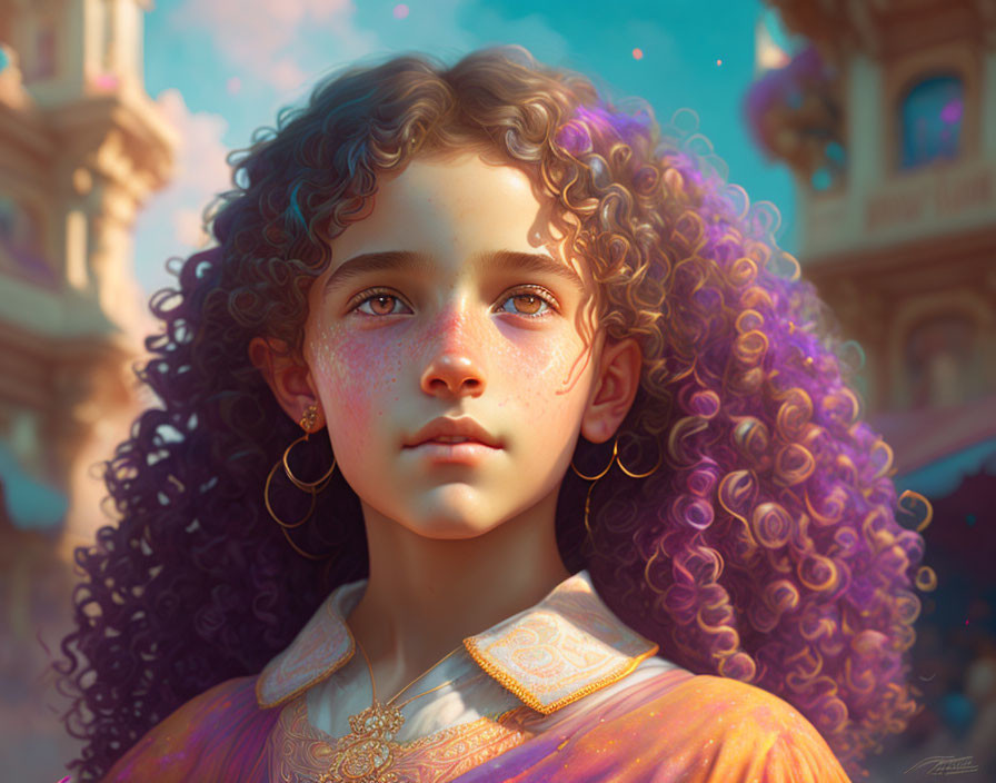 Young Individual with Curly Hair in Intricate Clothing Against Sunlit Backdrop