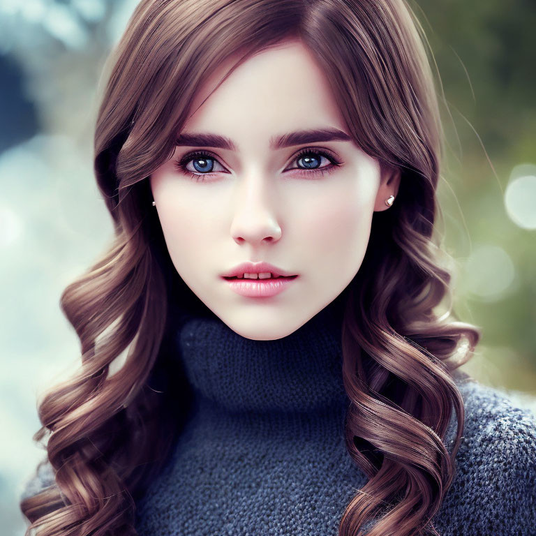 Woman with Long Curled Brown Hair in Grey Turtleneck Sweater and Blue Eyes