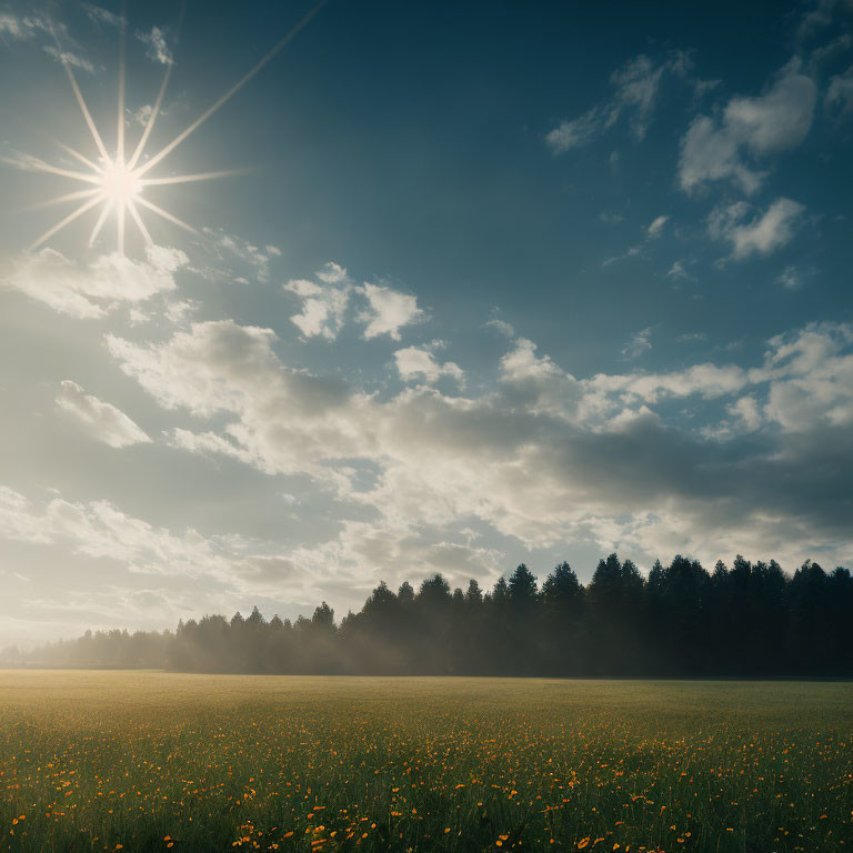 Tranquil field with wildflowers and tree line under sunburst sky