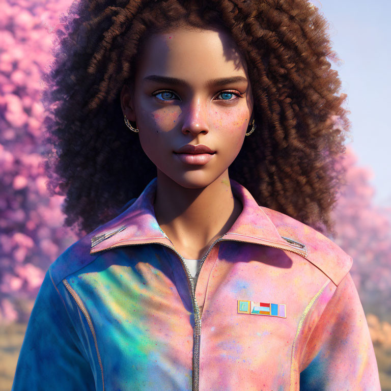 Young woman portrait: curly hair, blue eyes, freckles, colorful jacket, pink blossoms