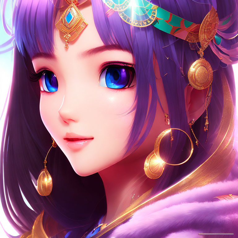 Detailed Illustration of Female Character with Blue Eyes and Purple Hair