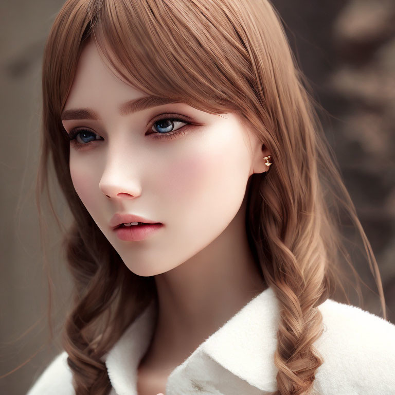 Portrait of woman with blue eyes, braided hair, white coat, and soft makeup.