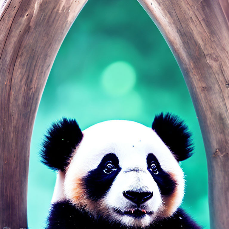 Giant panda peeking through wooden structure with black and white fur against green background