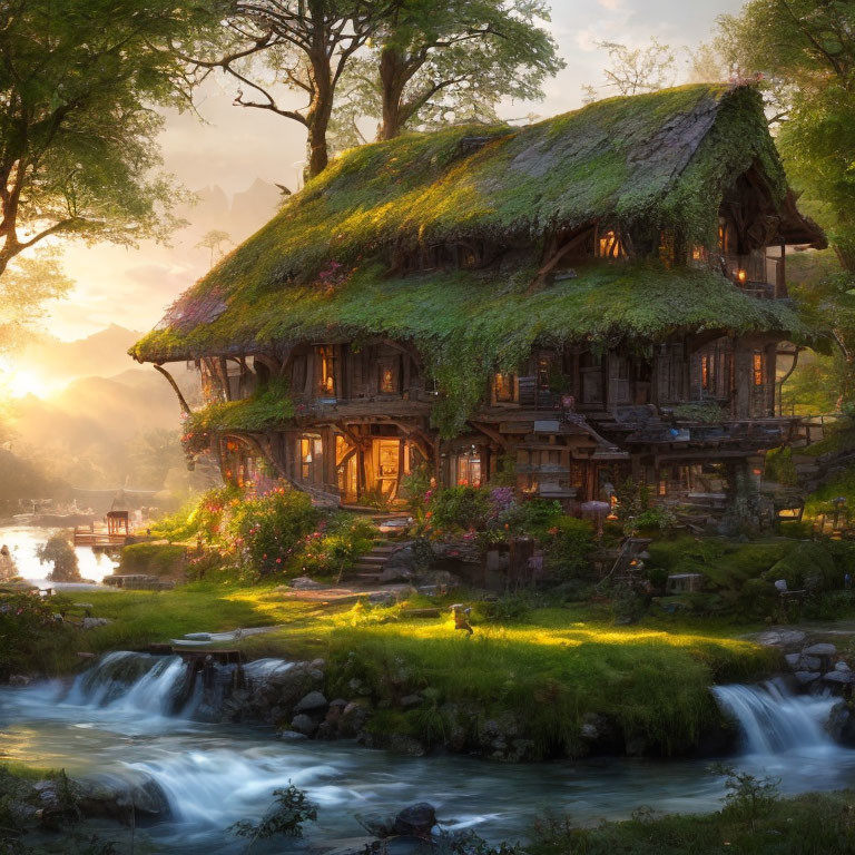 Thatched Roof Cottage by Stream with Greenery