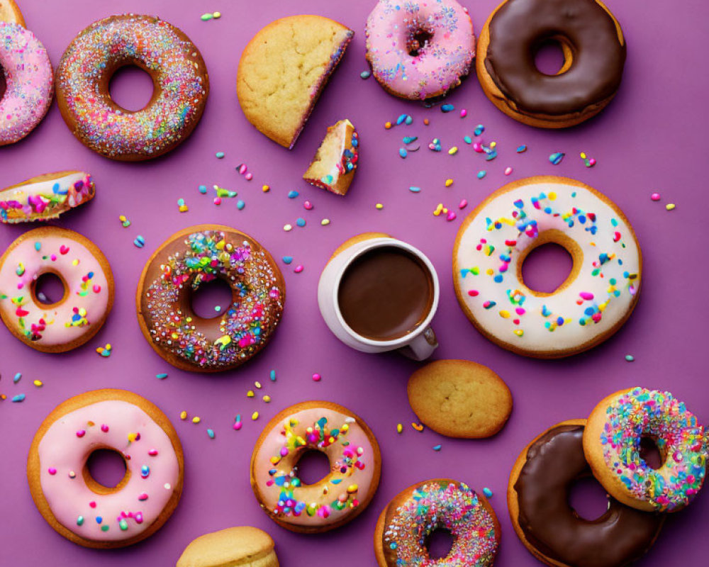 Assorted colorful donuts with sprinkles and icing, coffee cup, cookies on purple background