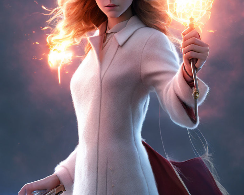 Digital artwork: Woman with flowing hair, fiery orb, and sword in mystical setting