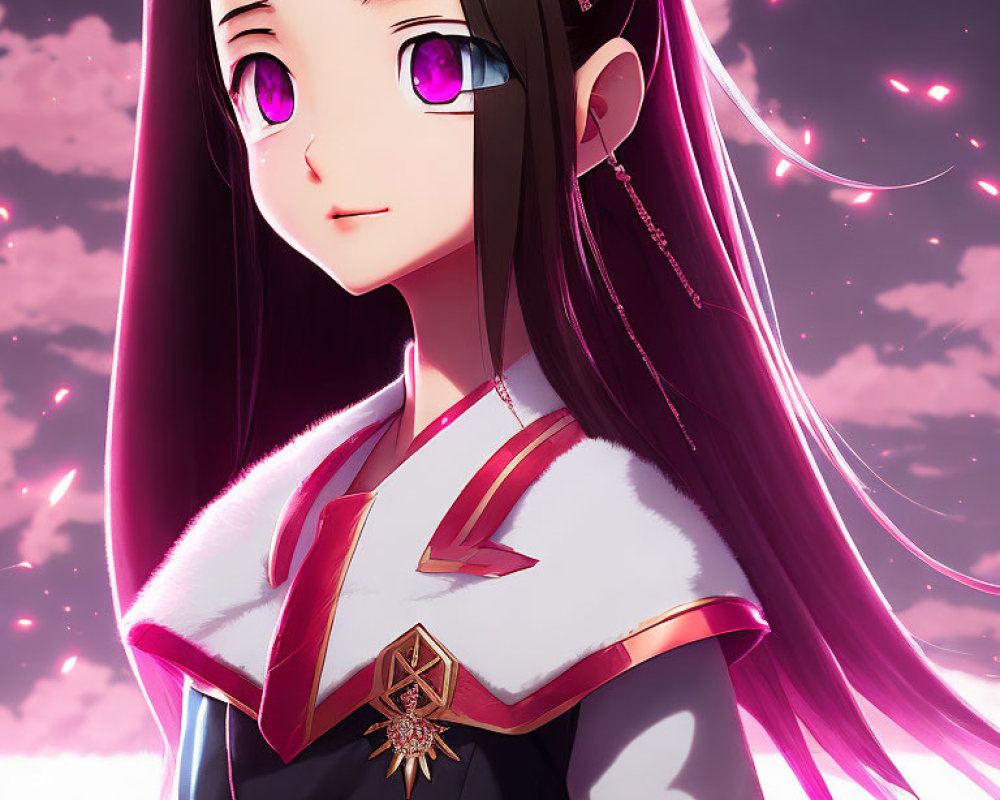 Anime girl with long dark hair and violet eyes in white and burgundy outfit against pinkish-purple sky