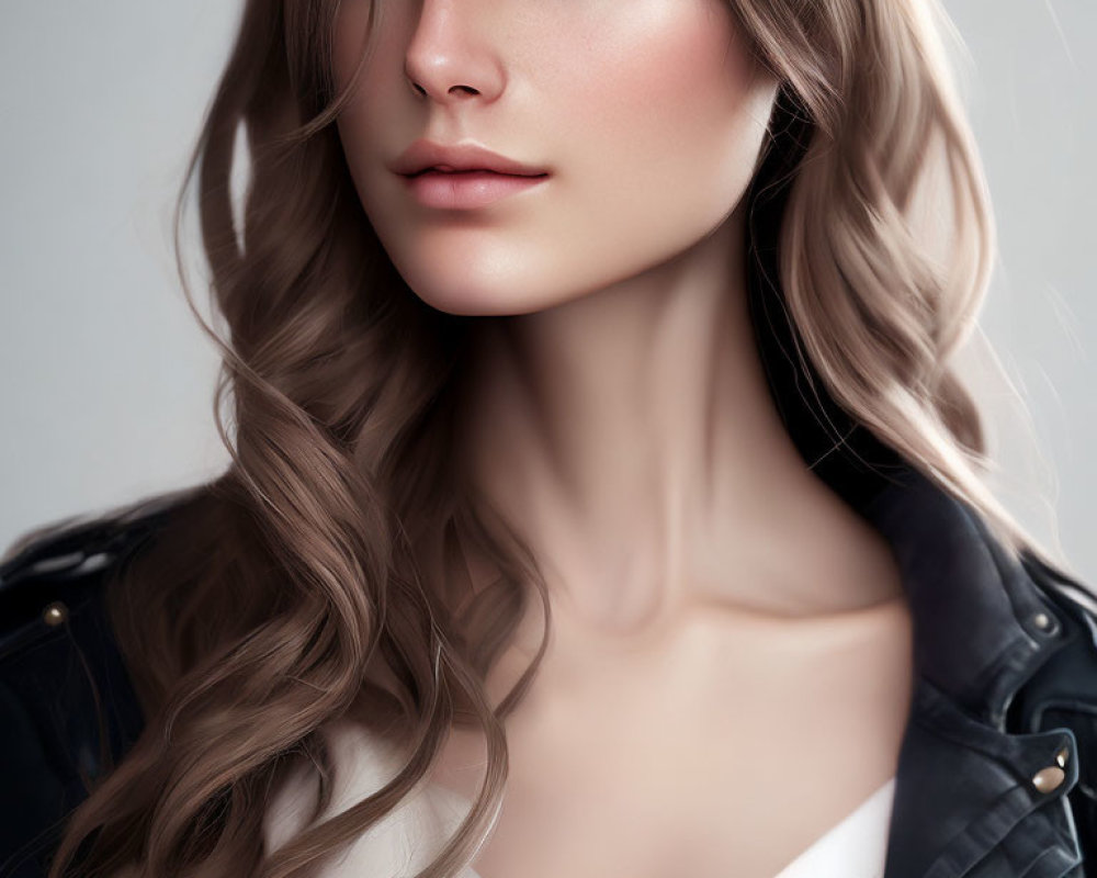 Portrait of woman with flowing wavy hair, subtle makeup, black jacket, and white top exuding