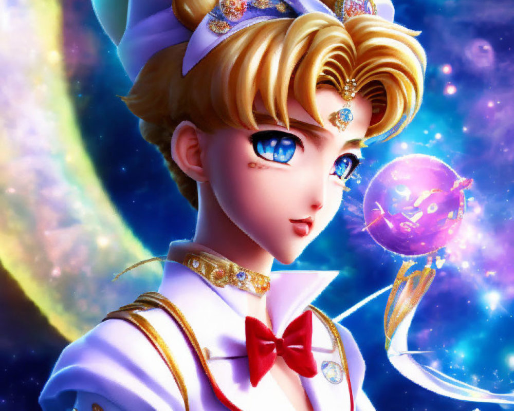 Blonde-Haired Character in Sailor Outfit Against Cosmic Background