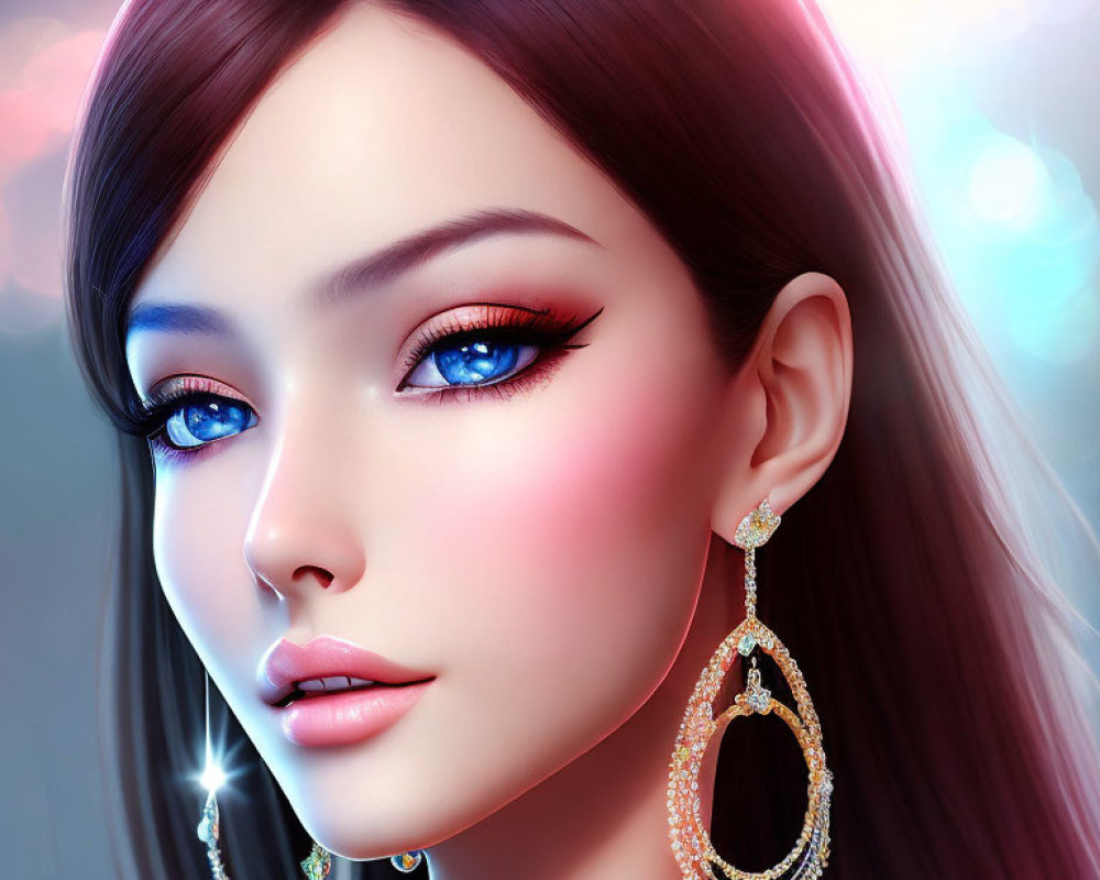 Woman with Large Blue Eyes and Winged Eyeliner in Digital Artwork