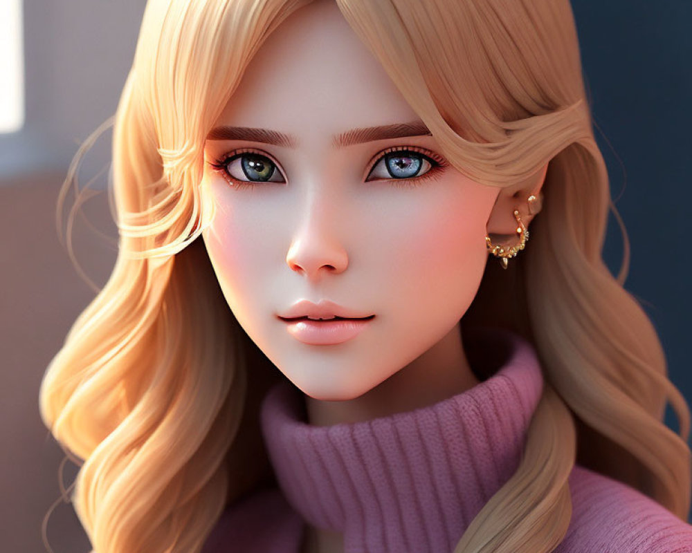 Blonde woman with blue eyes in pink turtleneck sweater - 3D rendering