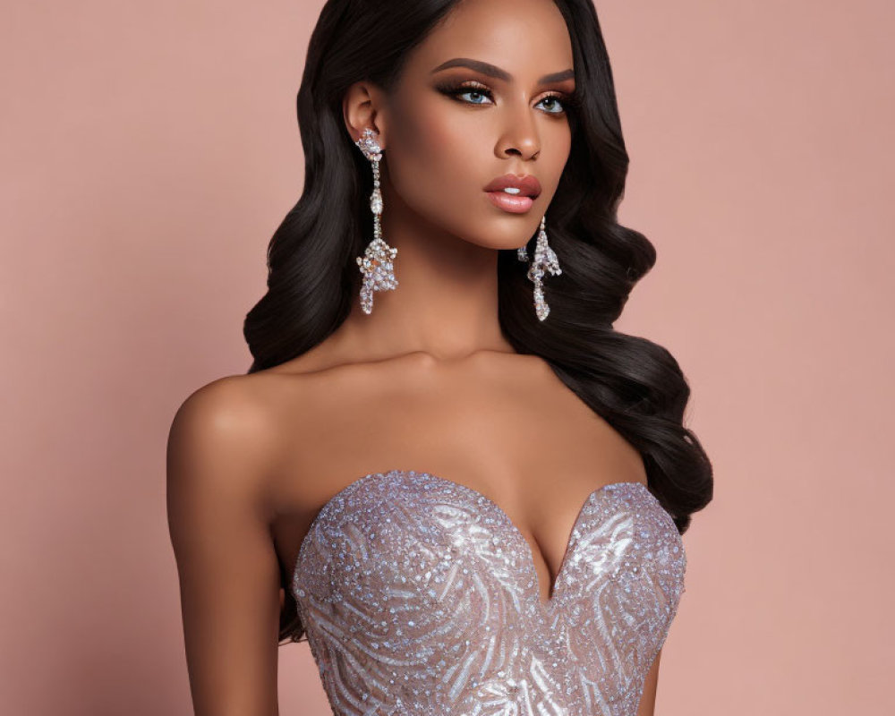 Elegant Woman in Sparkling Gown with Wavy Hair