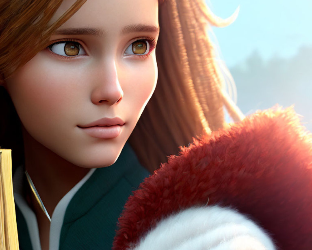 Detailed 3D animated young female character with amber eyes and green jacket