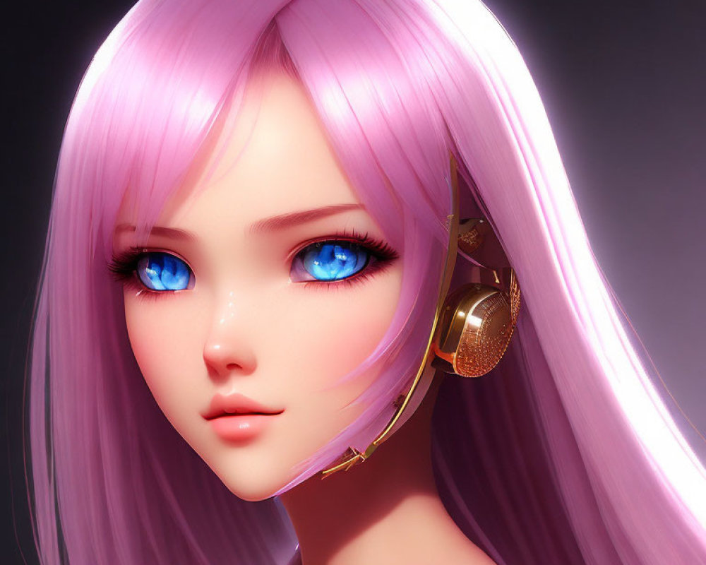 Realistic 3D Female Character with Blue Eyes, Pink Hair, and Gold Headphones