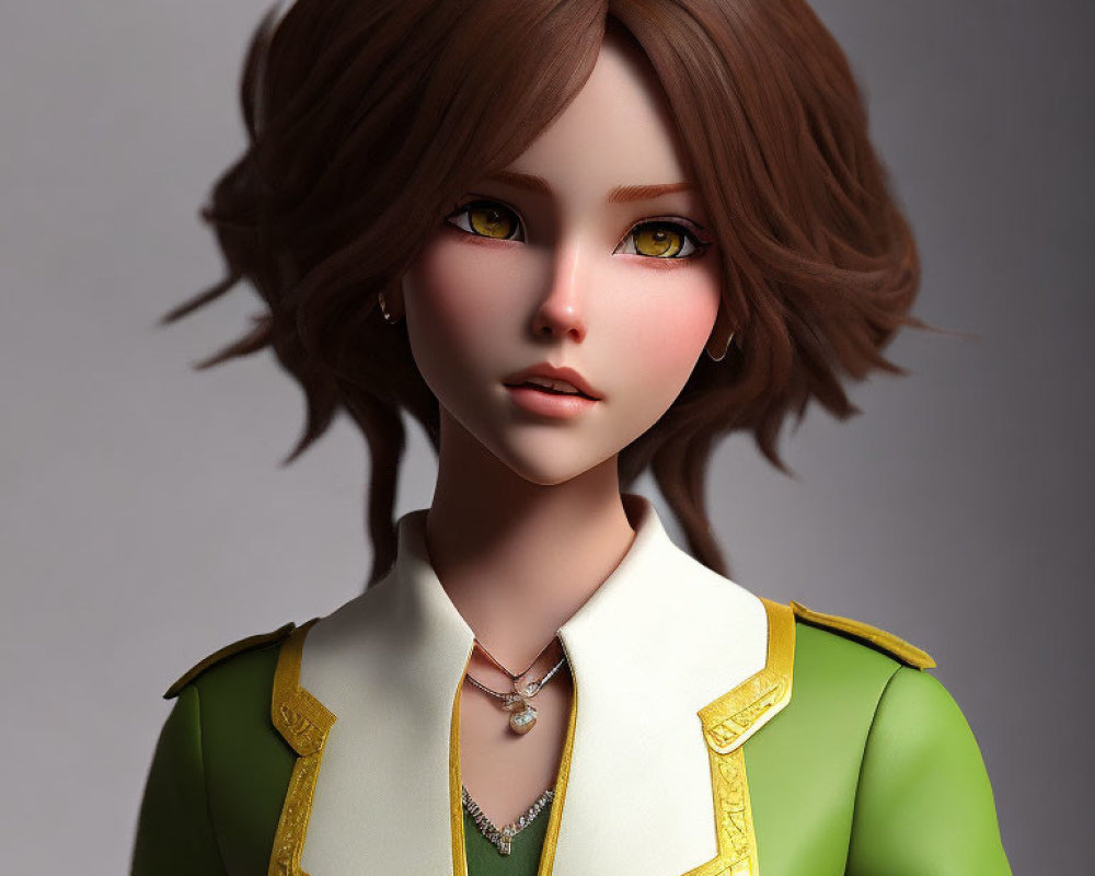 Female character with amber eyes, short brown hair, green jacket, pendant necklace