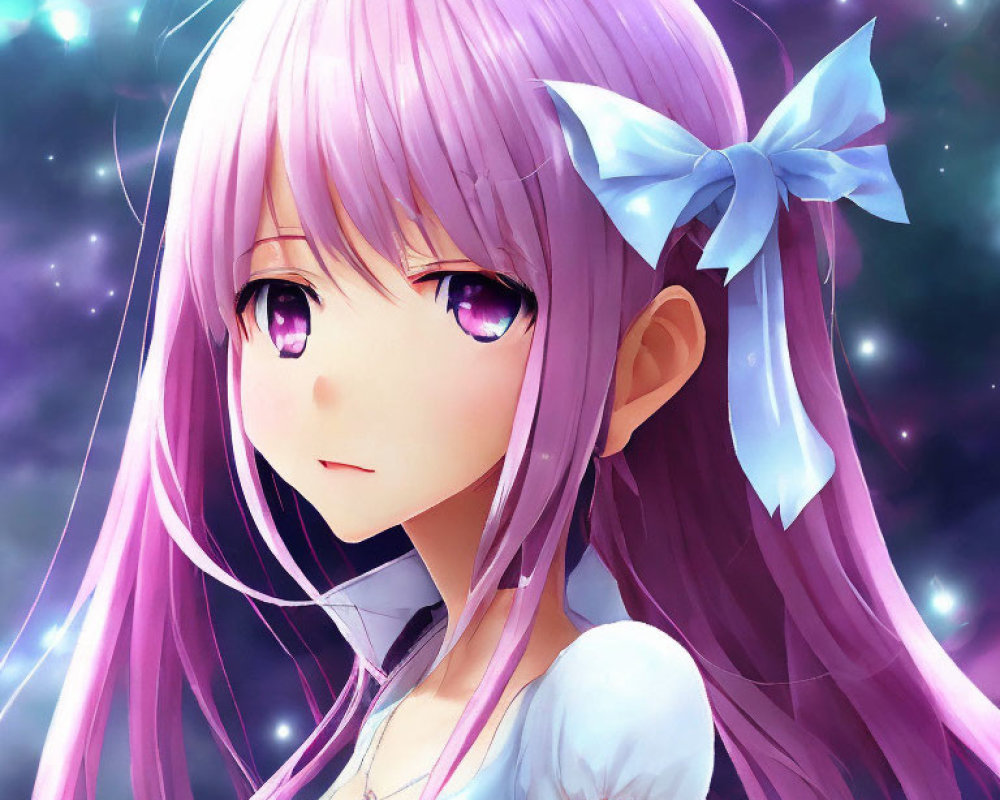 Purple-haired anime girl with blue bow in celestial setting